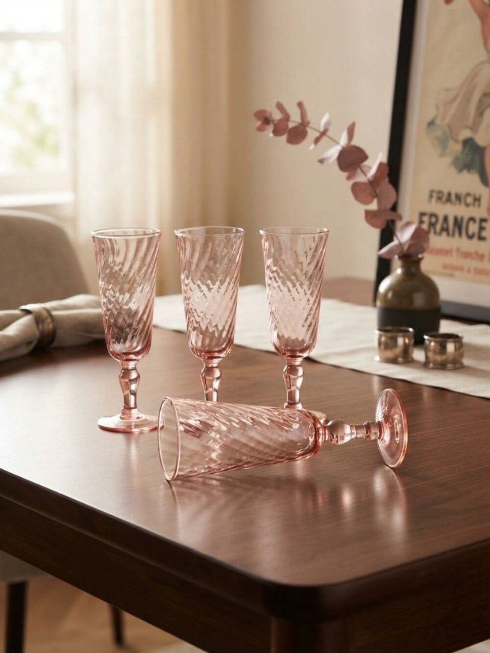 Vintage Luminarc Rosaline Pink Swirl Champagne Flutes Glasses France Set of 4